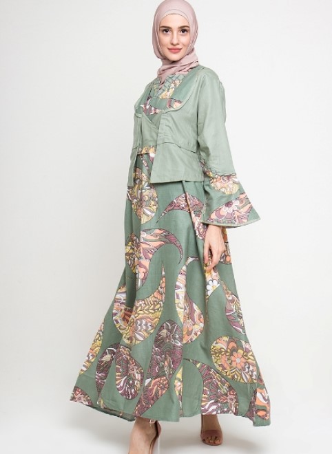 Model Baju Batik Gamis Kombinasi Terbaru Modern Soft Green