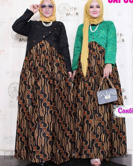 Model Baju Batik Wanita Kombinasi Gamis Terbaru Hitam Tosca