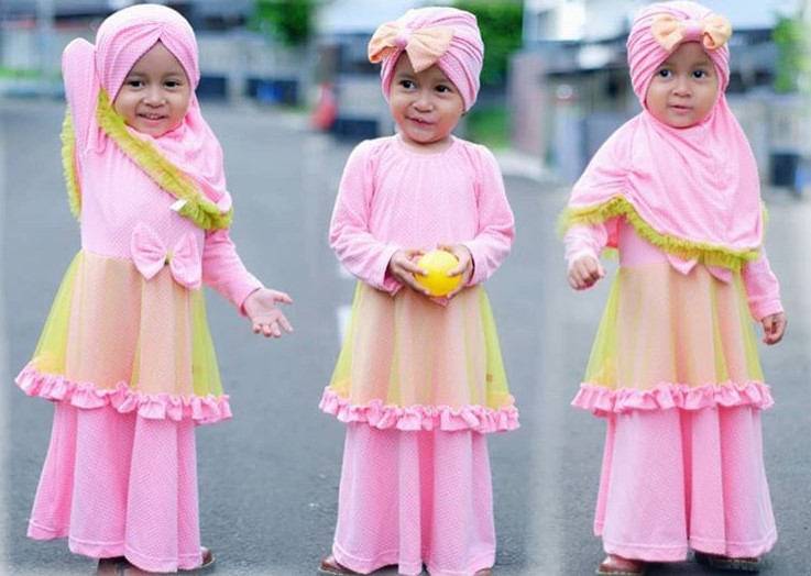 Model Baju Gamis Anak Katun Jepang Terbaru Renda Pita Soft Pink