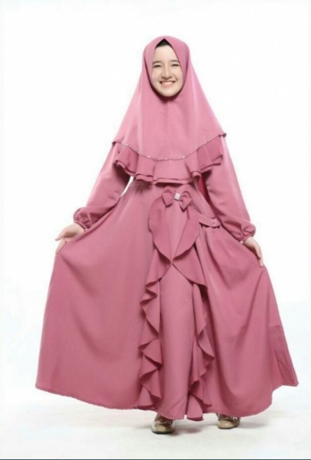 Model Baju Gamis Anak Perempuan Terbaru Rok Rempel Pita Dusty Pink