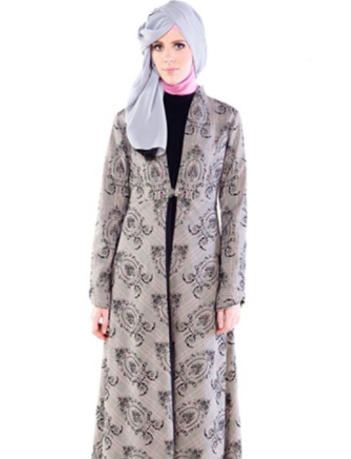 Model Baju Gamis Batik Kombinasi Blazer Panjang Abu Muda