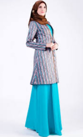 Model Baju Gamis Batik Kombinasi Blazer Panjang Biru Langit