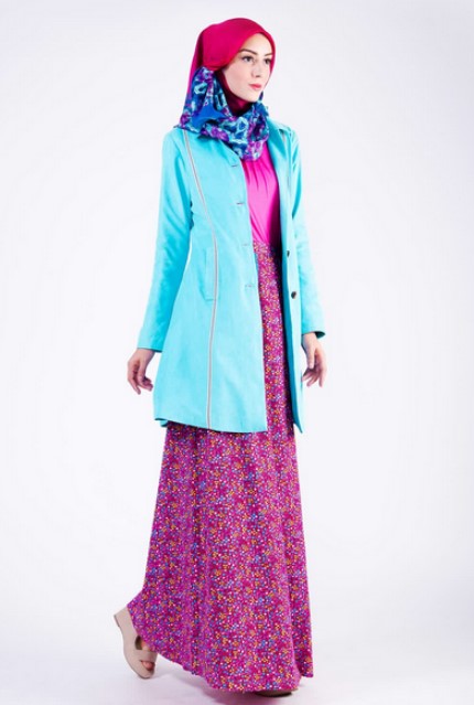 Model Baju Gamis Batik Kombinasi Blazer Panjang Biru Muda Magenta