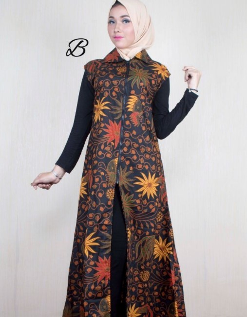 Model Baju Gamis Batik Kombinasi Blazer Panjang Coklat Hitam