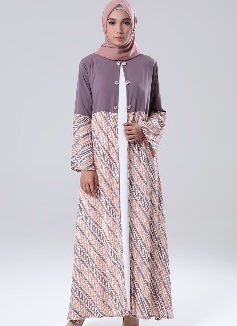 Model Baju Gamis Batik Kombinasi Blazer Panjang Kancing Depan Dusty Ungu