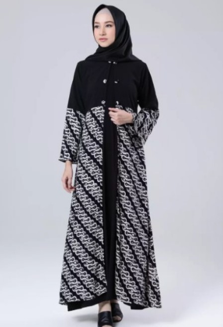 Model Baju Gamis Batik Kombinasi Blazer Panjang Kancing Depan Hitam