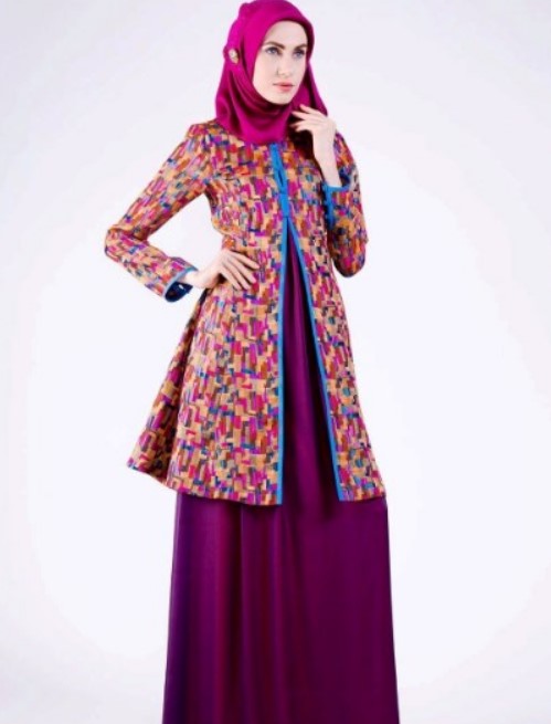 Model Baju Gamis Batik Kombinasi Blazer Panjang Ungu Magenta