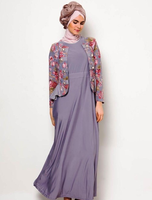Model Baju Gamis Batik Kombinasi Blazer Terbaru Abu Tua