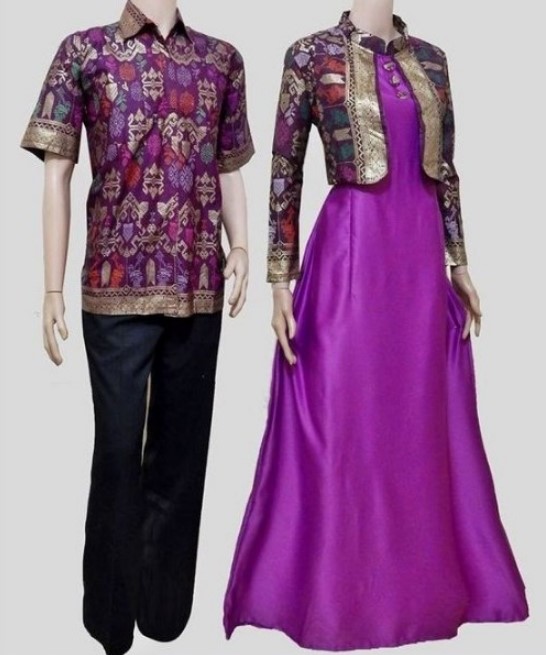 Model Baju Gamis Batik Kombinasi Blazer Terbaru Couple Satin Ungu Muda