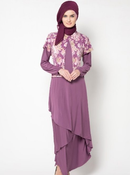 Model Baju Gamis Batik Kombinasi Blazer Terbaru Dusty Purple