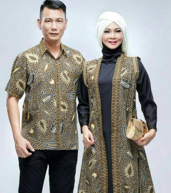 Model Baju Gamis Batik Kombinasi Kain Polos Blazer Hitam Coklat