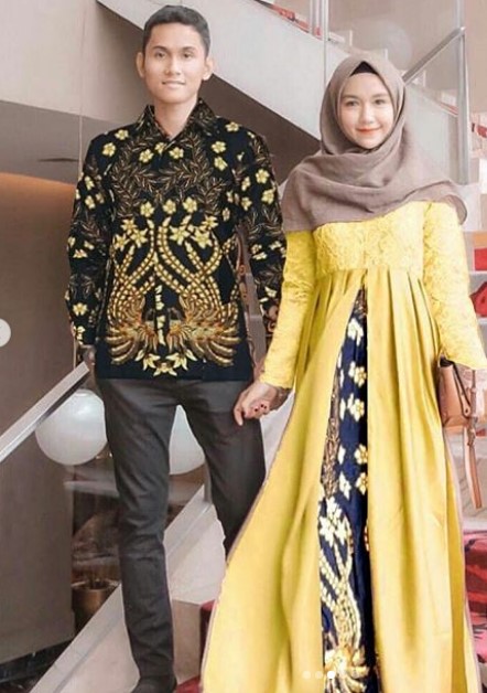 Model Baju Gamis Batik Kombinasi Kain Polos Katun Jepang Brokat Soft Yellow