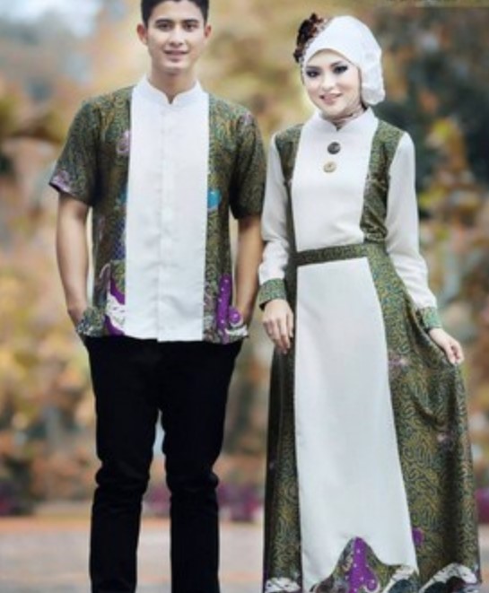 Model Baju Gamis Batik Kombinasi Kain Polos Katun Jepang putih hijau