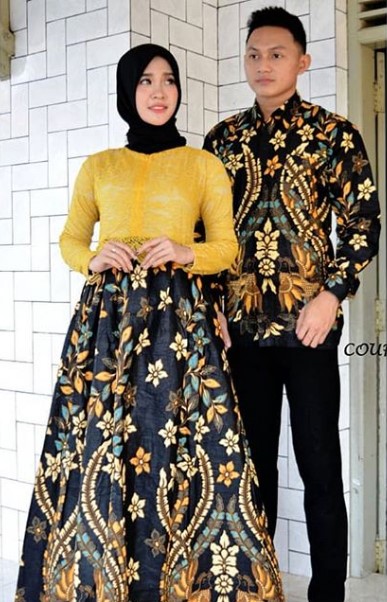 Model Baju Gamis Batik Kombinasi Kain Polos Kuning