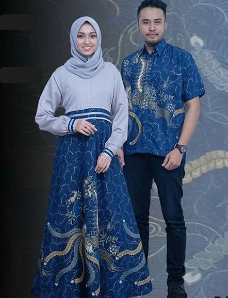 Model Baju Gamis Batik Kombinasi Kain Polos Modern Soft Blue Navy