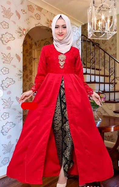 Model Baju Gamis Batik Kombinasi Kain Polos Satin Brokat Merah Cape