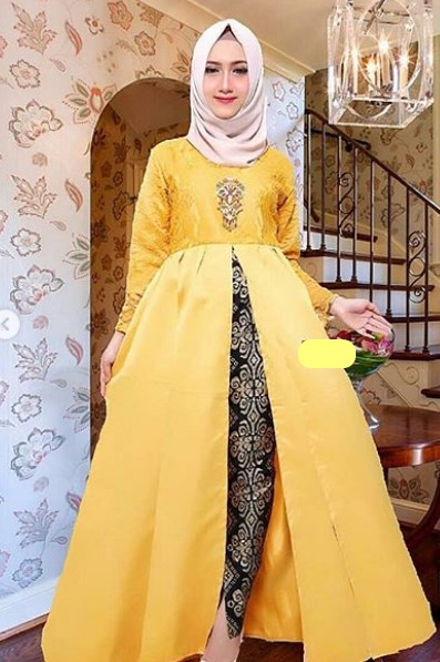 Model Baju Gamis Batik Kombinasi Kain Polos Satin Brokat Soft Yellow