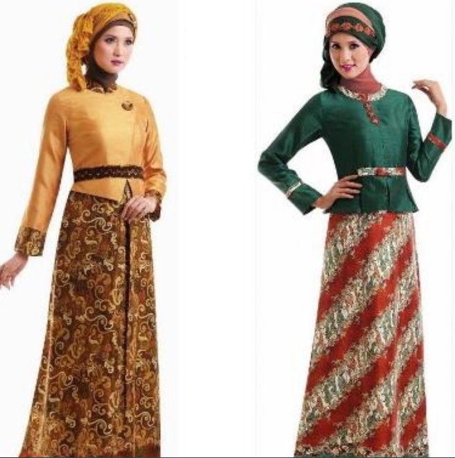 Model Baju Gamis Batik Kombinasi Kain Polos Satin Gold Hijau