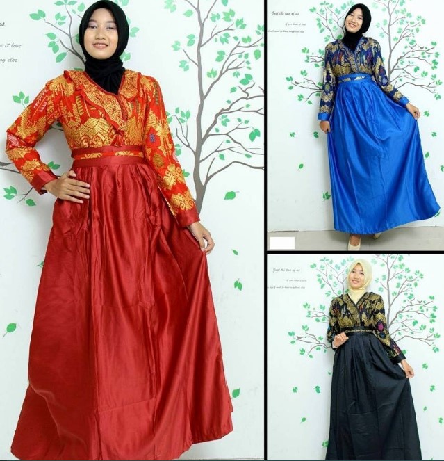 Model Baju Gamis Batik Kombinasi Kain Polos Satin Modern