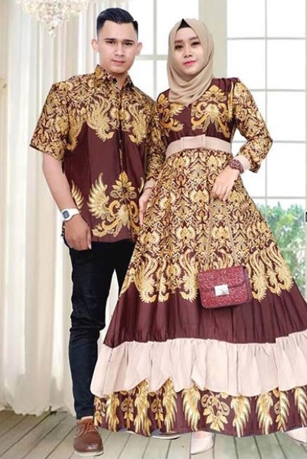 Model Baju Gamis Batik Kombinasi Kain Polos Satin Rok Remepel Cream Maroon