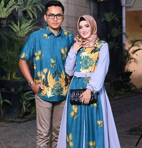 Model Baju Gamis Batik Kombinasi Kain Polos Satin Simple Warna Soft Grey Blue