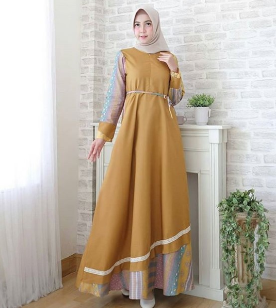 Model Baju Gamis Batik Kombinasi Kain Polos Simple Mustard