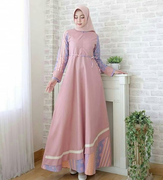 Model Baju Gamis Batik Kombinasi Kain Polos Simple Soft Pink