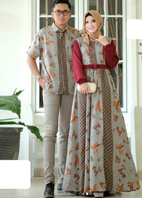 Model Baju Gamis Batik Kombinasi Kain Polos Terbaru Soft Grey Maroon