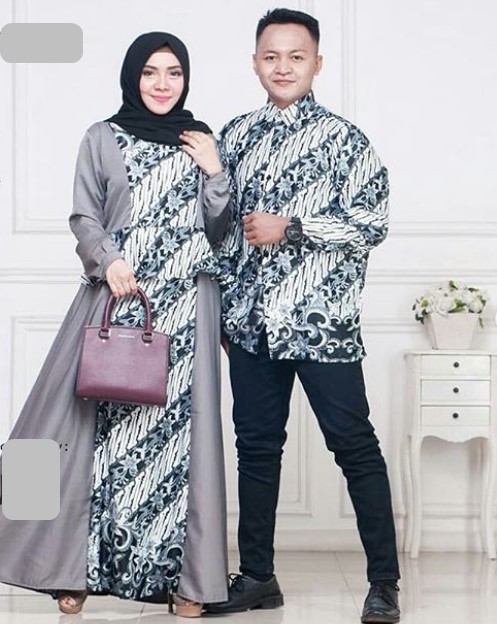 Model Baju Gamis Batik Kombinasi Kain Polos Terbaru Soft Grey