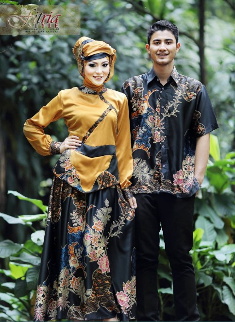 Model Baju Gamis Batik Kombinasi Satin Couple Kuning HItam