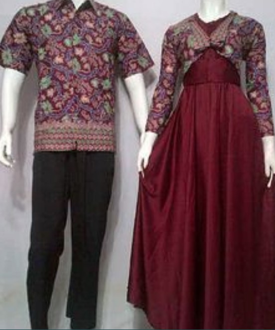 Model Baju Gamis Batik Kombinasi Satin Couple Maroon