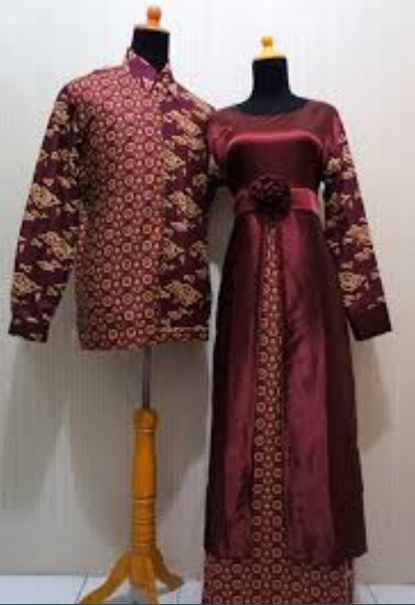 Model Baju Gamis Batik Kombinasi Satin Couple Merah Maroon