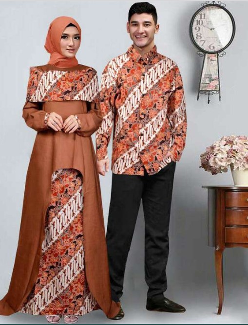 Model Baju Gamis Batik Kombinasi Satin Couple Modern Orange