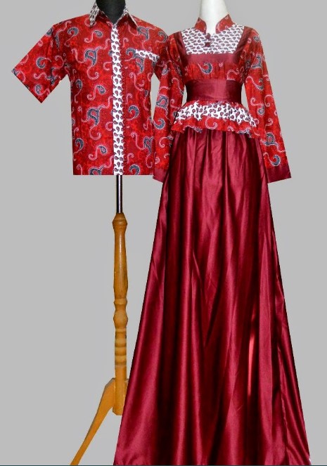 Model Baju Gamis Batik Kombinasi Satin Maroon