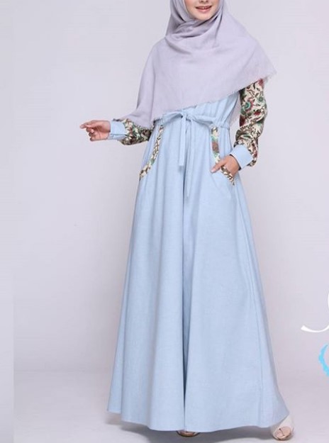Model Baju Gamis Batik Kombinasi Satin Terbaru Blue Sky