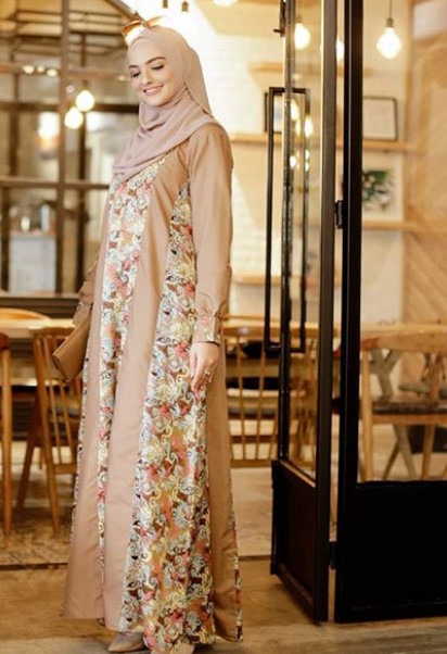 Model Baju Gamis Batik Kombinasi Satin Terbaru Soft Cream