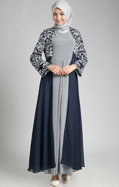 Model Baju Gamis Batik Kombinasi Sifon Abu Muda Navy