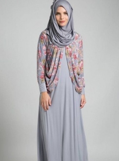 Model Baju Gamis Batik Kombinasi Sifon Blazer Abu Muda