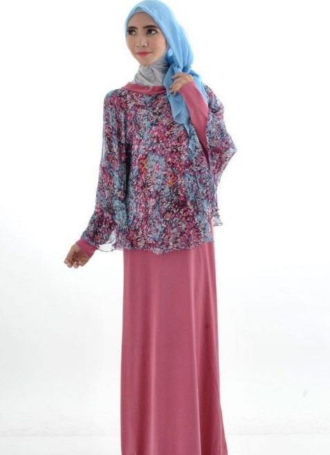 Model Baju Gamis Batik Kombinasi Sifon Dusty Pink Blue