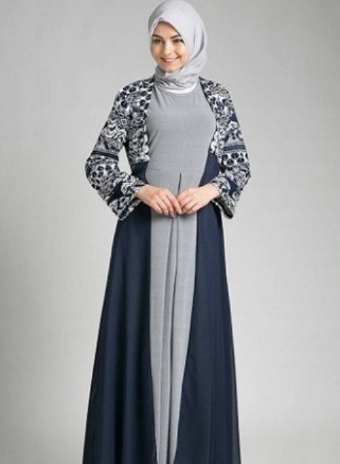 Model Baju Gamis Batik Kombinasi Sifon Navy Abu Muda