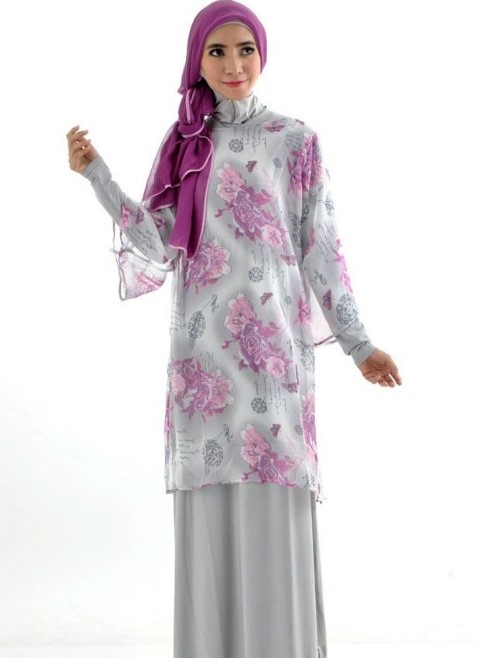 Model Baju Gamis Batik Kombinasi Sifon Soft Grey Ungu