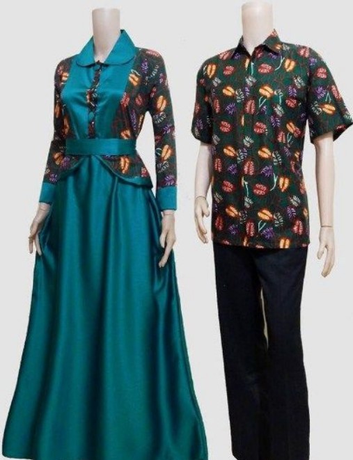 Model Baju Gamis Blazer Batik Modern Kombinasi Satin Hijau Tosca