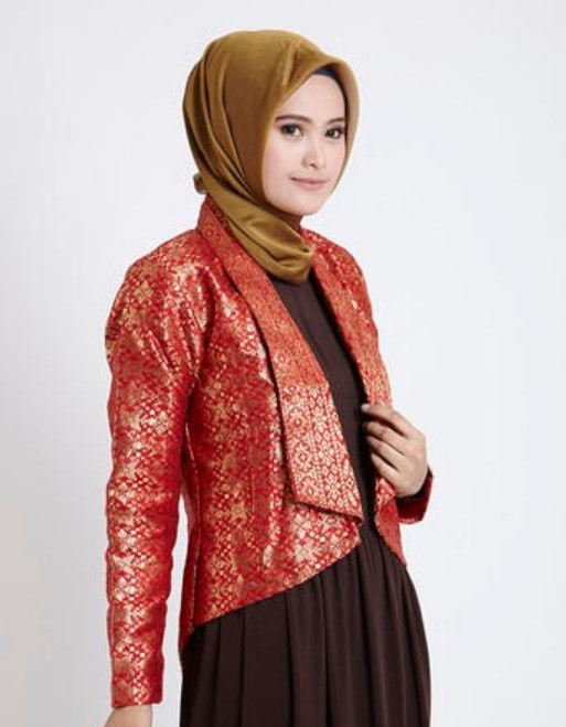 Model Baju Gamis Blazer Batik Modern Satin Songket Merah Bata