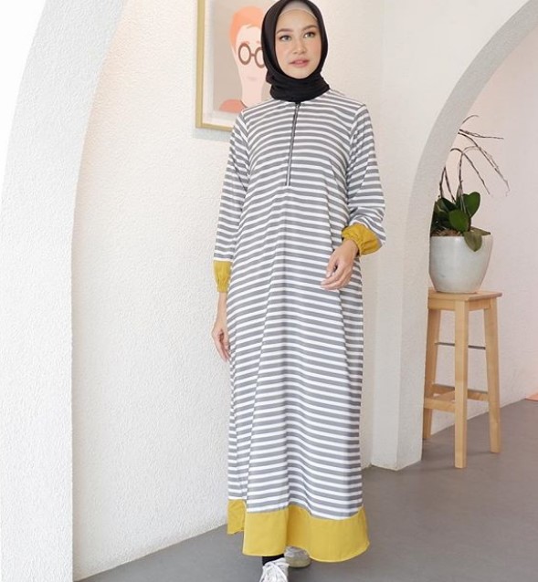 Model Baju Gamis Katun Jepang Murah Meriah White Grey Mustard