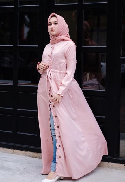 Model Baju Gamis Katun Jepang Polos Murah Terbaru Tali Pinggang Aksen Kancing Soft Pink