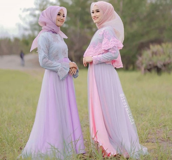 Model Baju Gamis Pesta Brokat Mewah Aqua Blue Soft Pink