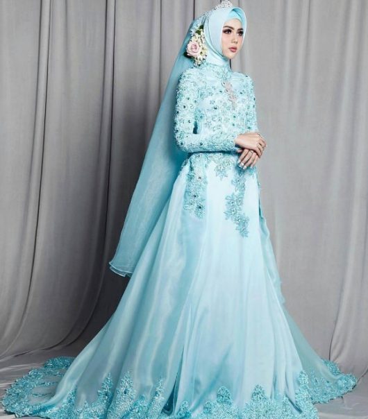 Model Baju Gamis Pesta Pernikahan Mewah Organza Satin Payet Biru Muda