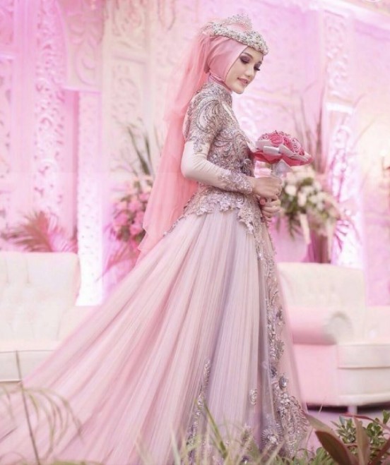 Model Baju Gamis Pesta Pernikahan Sifon Payet Baby Pink