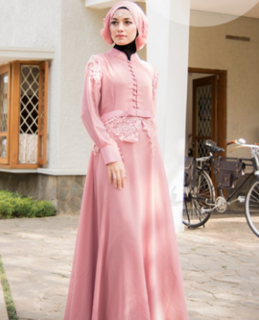 Model Baju Gamis Pesta Terbaru Kancing Depan Dusty Pink