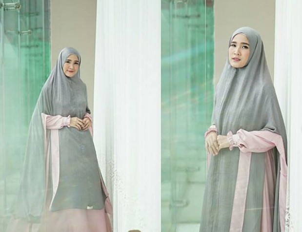 Model Baju Gamis Syar’i Lyra Virna Panjang Soft Grey and Baby Pink